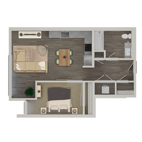 Floor plan for 1 bed, 1 bath, 667 sqft
